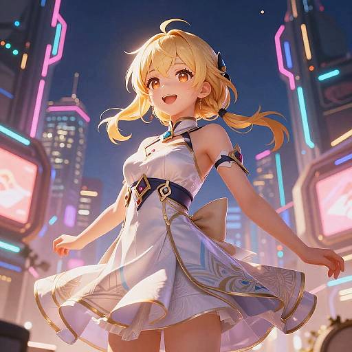 Digital anime-style artwork of a blonde, fair-skinned girl with yellow eyes, wearing a white, sleeveless, patterned dress, smiling in a