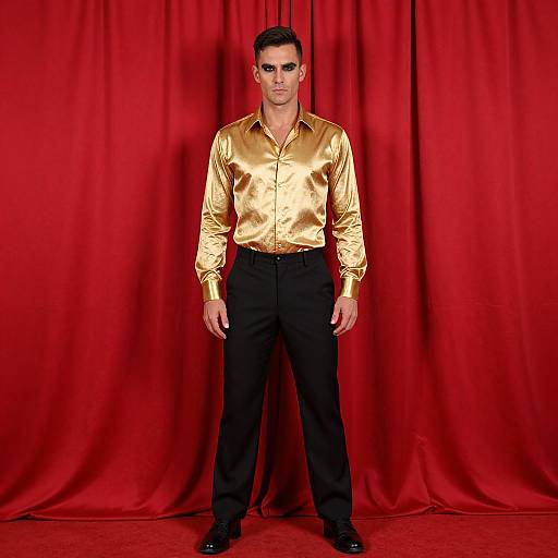 Photograph of a handsome man with dark hair, wearing a shiny gold button-up shirt and black pants, standing against a vibrant red curtain backdrop.