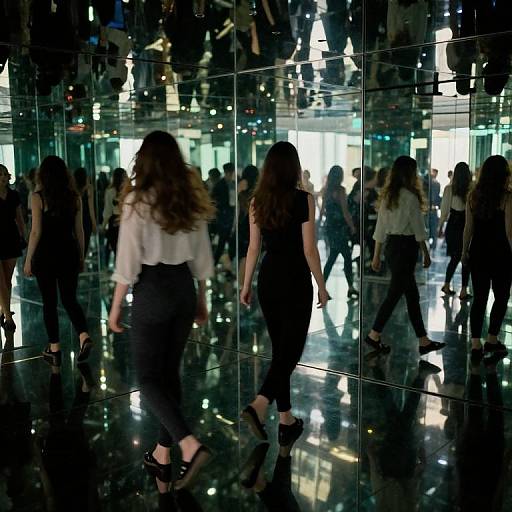 Photograph of a modern, reflective, glass-walled interior. Silhouetted women in white blouses and black pants walk, their reflections creating