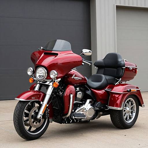 Photograph of a shiny red Harley-Davidson touring motorcycle with black leather seat and saddlebags, parked in front of a gray garage door.