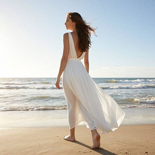 Woman Walking on Beach in Flowing White Dress