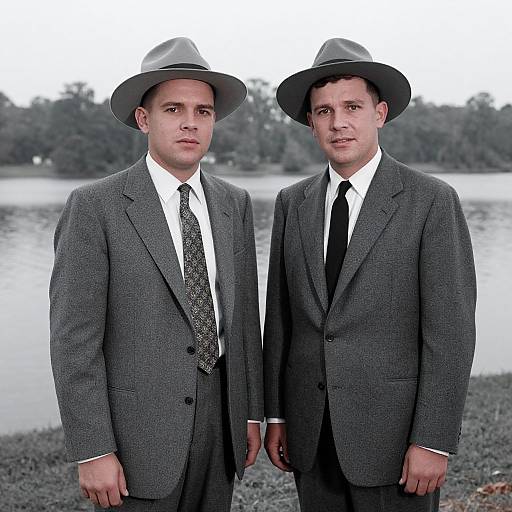 Photograph of two Caucasian men in gray suits, white shirts, black ties, and gray fedoras, standing side by side by a lake.