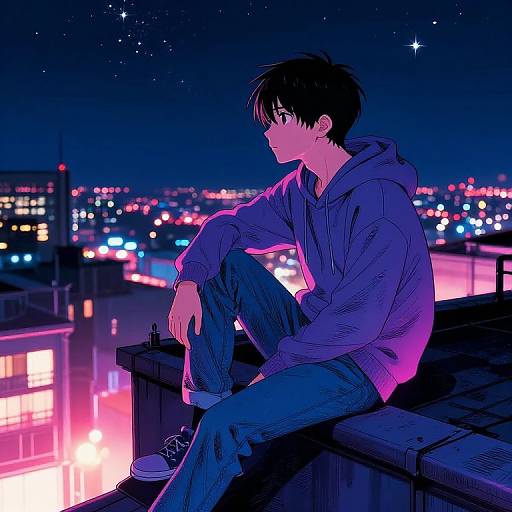 Anime-style digital drawing of a young man in a purple hoodie and blue jeans, sitting on a rooftop at night, gazing at a cityscape filled