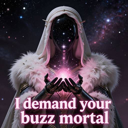 Mysterious dark figure in white hooded robe with fur trim, glowing star hands, and 