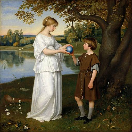 Painting of a young woman in a white dress handing a blue ball to a boy in a brown tunic by a serene lake.