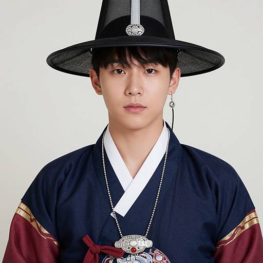 Photograph of a young Asian man in traditional Korean attire, wearing a black hat, black and maroon robe with gold trim, white collar, silver