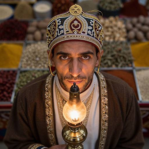 Photograph of a Middle Eastern man with intense gaze, wearing ornate gold and black crown, dark robe, holding lit oil lamp, colorful spices in
