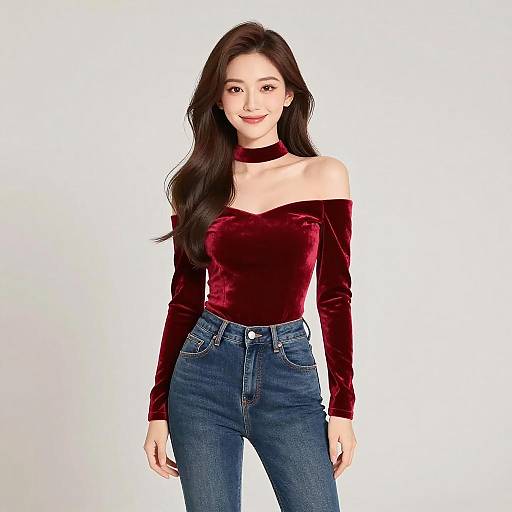 Chic Smiling Woman in Velvet Top
