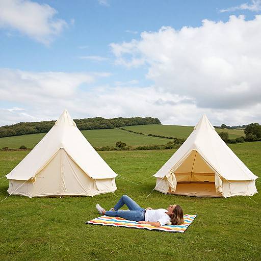Photograph of a woman with brown hair, white top, and blue jeans, lying on a striped blanket between two white tents, under a blue sky