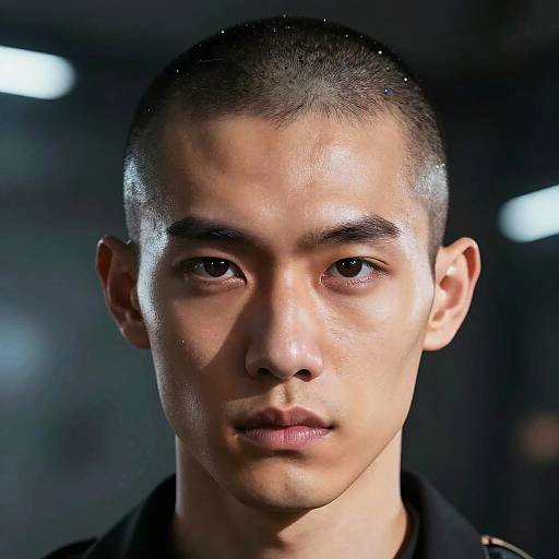 Photograph of a young Asian man with short black hair, smooth skin, and serious expression, illuminated from the front. Dark background with blurred lights.