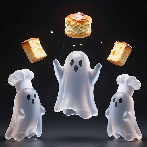 Digital illustration of three glowing white ghost chefs floating against a dark background, juggling three floating, glowing toast slices.