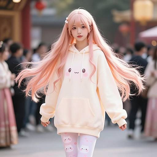 Photograph of a young Asian woman with long pink hair, wearing a white, face-printed hoodie and white leggings, walking in a busy, blurred