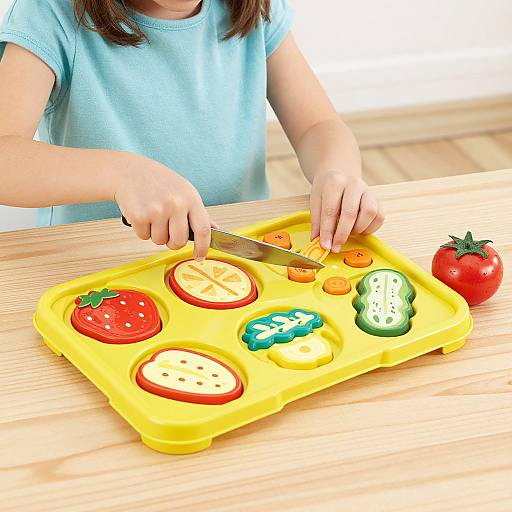 Photograph of a child in a blue shirt cutting colorful, plastic fruit shapes from a yellow tray on a wooden table.