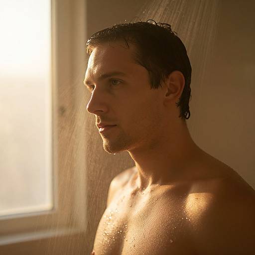 Serene Man in Warm Shower Light