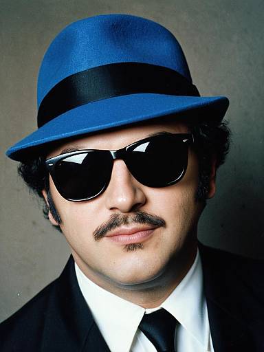 Photograph of a man with medium skin tone, black mustache, wearing a blue fedora, black sunglasses, black suit, white shirt, and