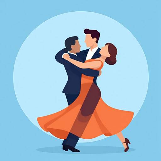 Digital illustration of a dancing couple: man in black suit, woman in flowing orange dress, embracing, against light blue circular background.