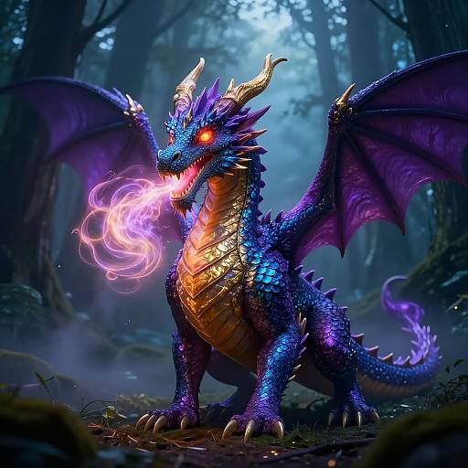 Digital illustration of a vibrant blue and purple dragon with glowing red eyes, fiery breath, and large wings in a misty forest.