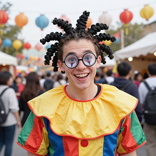 Photograph of a joyful clown with black curly hair, round glasses, colorful striped costume, and yellow collar, smiling at a festive outdoor market with colorful