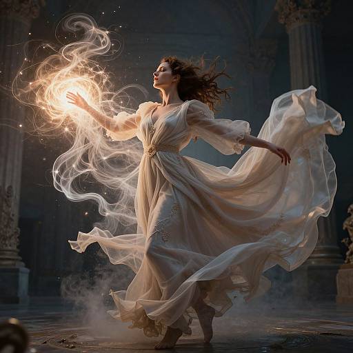Photorealistic digital artwork of a magical, ethereal woman in flowing white dress, summoning glowing orb of light in a dark, grand hall.
