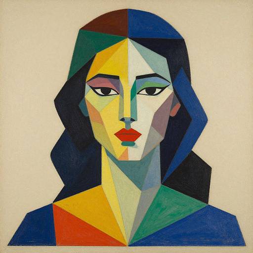 Abstract portrait of a woman with geometric, colorful facial features and dark hair, using bold shapes and contrasting colors.