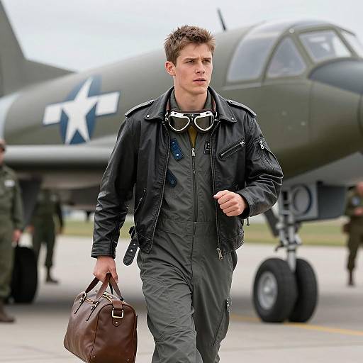 Young Military Pilot Running by Bomber Plane