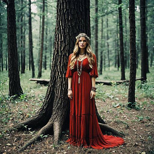 Bohemian Woman in Red Dress in Forest