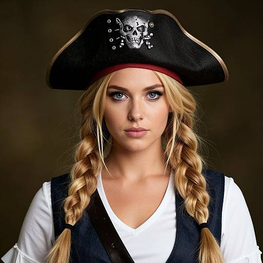 Photograph of a blonde woman with blue eyes, wearing a black pirate hat with a skull emblem, braided hair, white shirt, and black vest