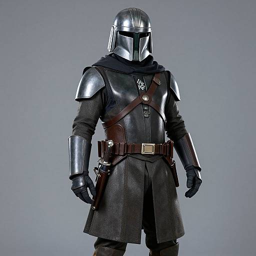 Photograph of a full-body medieval knight armor with a shiny silver helmet, black leather tunic, brown belt, and gloves, against a gradient gray