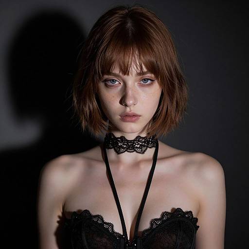 Photograph of a pale-skinned, short brown-haired woman with blue eyes, wearing black lace choker and strapless lace top, against a dark