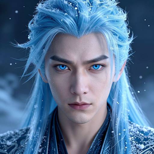 Digital artwork of a young, androgynous man with glowing blue eyes, icy blue hair, and snow-covered face, wearing a dark, textured