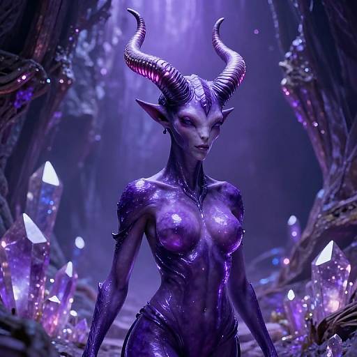 Digital artwork of a purple-skinned, horned, topless female demon with glowing crystal surroundings, featuring intricate scales and pointed ears in a mystical,