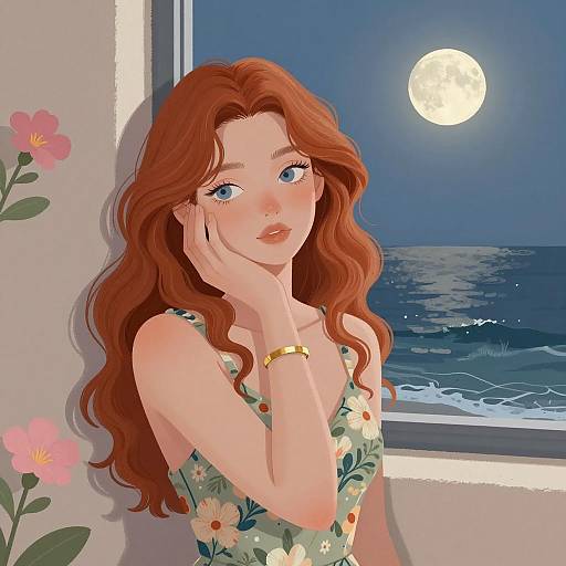 Red-haired Woman by Moonlit Ocean Window