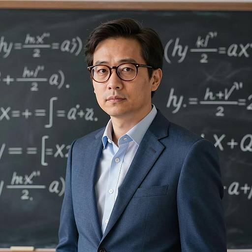 Mathematician in Blue Suit at Blackboard
