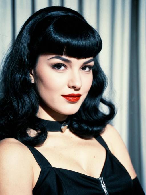 Woman with Bettie Page Bangs Hairstyle in Black Outfit