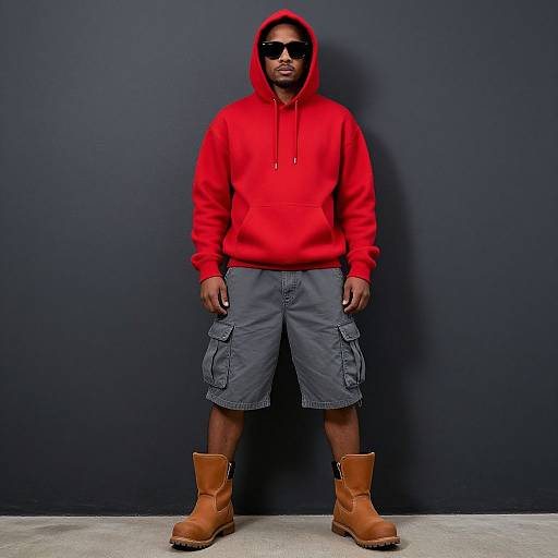 Photograph of a Black man in a bright red hoodie, gray cargo shorts, tan boots, and black sunglasses, standing against a dark blue wall.