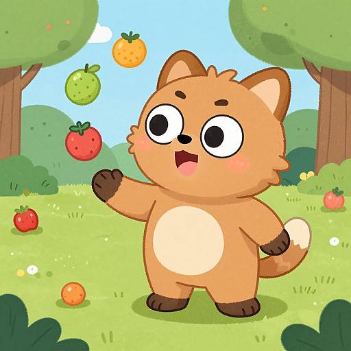 Cartoon-style image of a cute, tan, chubby cat with large eyes, standing in a grassy orchard, throwing a green apple with three