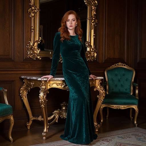 Photograph of a red-haired woman in a long, dark green velvet dress, standing in an ornate, dark wood room with gold accents and a