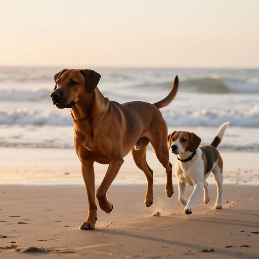 Photograph of a brown adult dog and a white-and-black beagle puppy running side by side on a sandy beach at sunset, with gentle waves in
