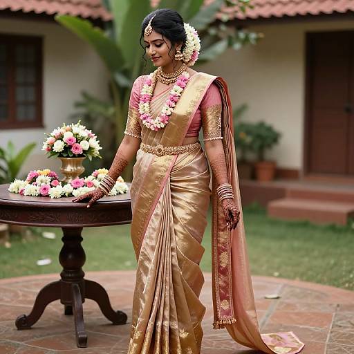 Photograph of a beautiful Indian bride in a gold and pink traditional sari, adorned with floral garlands, standing beside a table with flowers, in