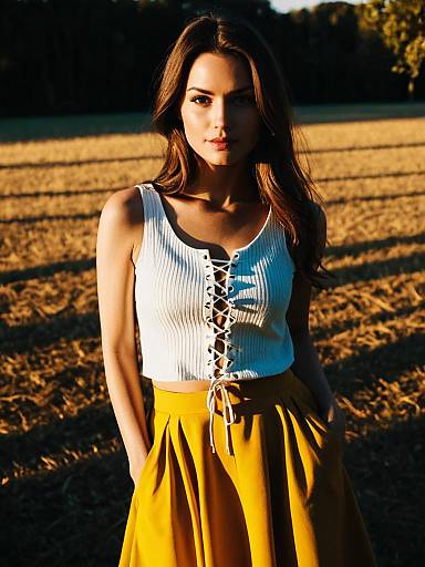 Woman in White Lace-Up Top and Yellow Skirt