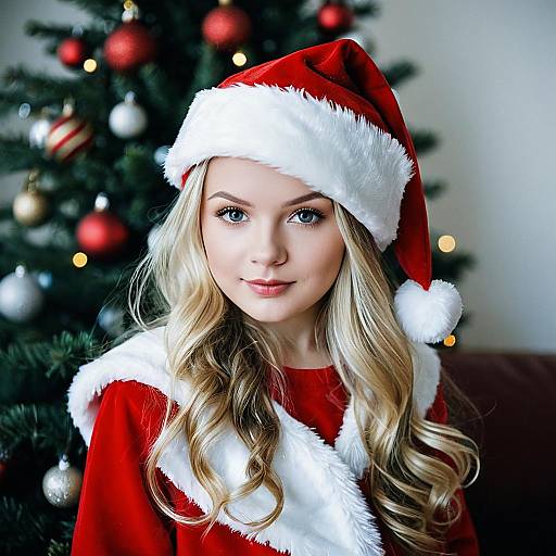 Blonde girl in Santa outfit by Christmas tree