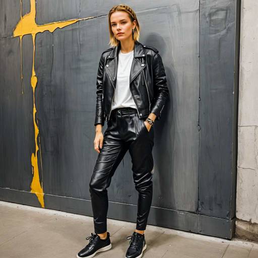Young Woman in Black Leather Outfit Standing by Urban Wall