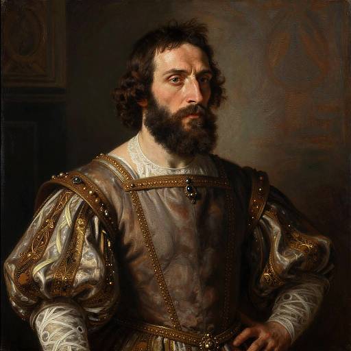 Renaissance-style oil painting of a bearded, dark-haired man with serious expression, wearing ornate, puffed-sleeve, brown and
