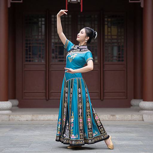 Asian woman in blue traditional Chinese dress with floral embroidery, performing a graceful dance pose in front of a wooden building.
