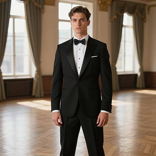 Young Man in Black Tuxedo in Ballroom