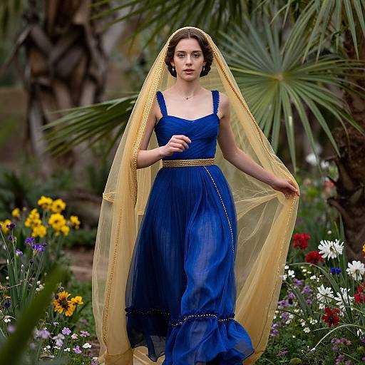 Photograph of a young woman with fair skin and brown hair, wearing a blue sleeveless dress and yellow veil, standing in a vibrant garden filled with