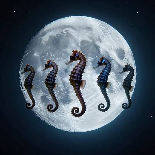 Photograph of four pixelated seahorses silhouetted against a bright, detailed full moon in a dark night sky.