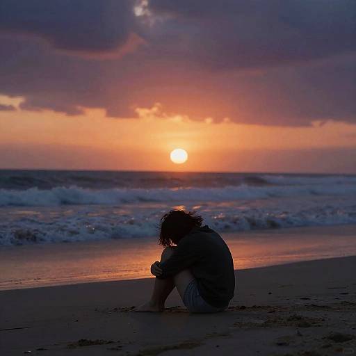 Silhouetted child sits on beach at sunset, waves crashing in background, colorful sky with orange and purple hues. Photograph.