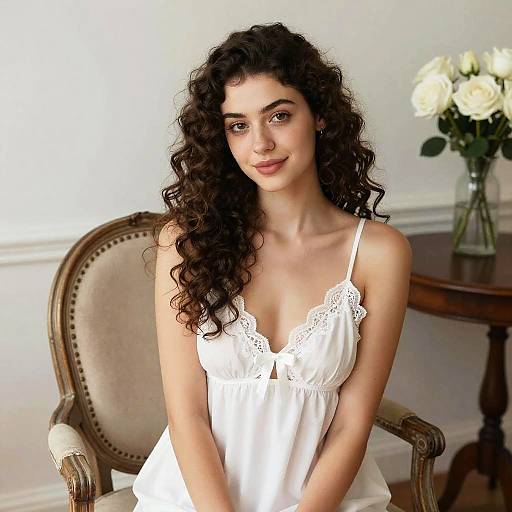 Photograph of a young woman with long, curly dark hair, wearing a white lace-trimmed nightgown, sitting in an elegant, beige