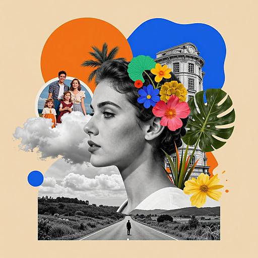 Digital collage: black-and-white portrait of woman with colorful flowers, palm, and monochrome background; family photo in cloud, vibrant orange and blue shapes